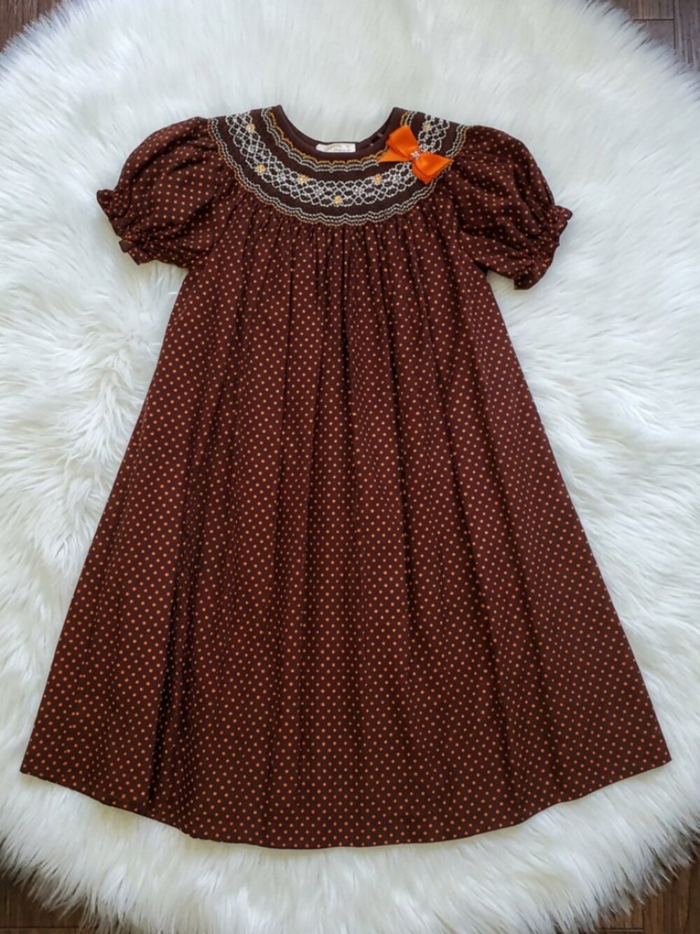 Rosalina Bishop Smocked Brown and Orange Polka Dot Dress Size 6